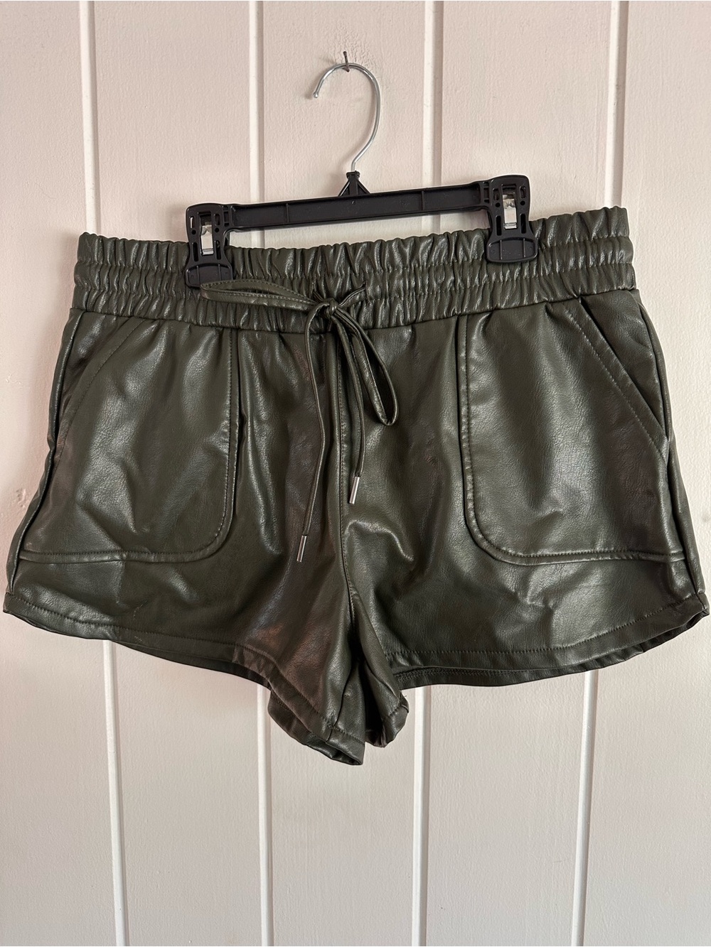 Sincerely Jules Olive Green Faux Leather Drawstring Bike Shorts